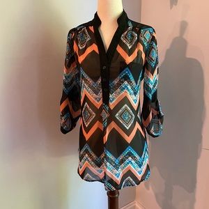 My Michelle size small sheer blouse - coral and blue patterned 3/4 length sleeve